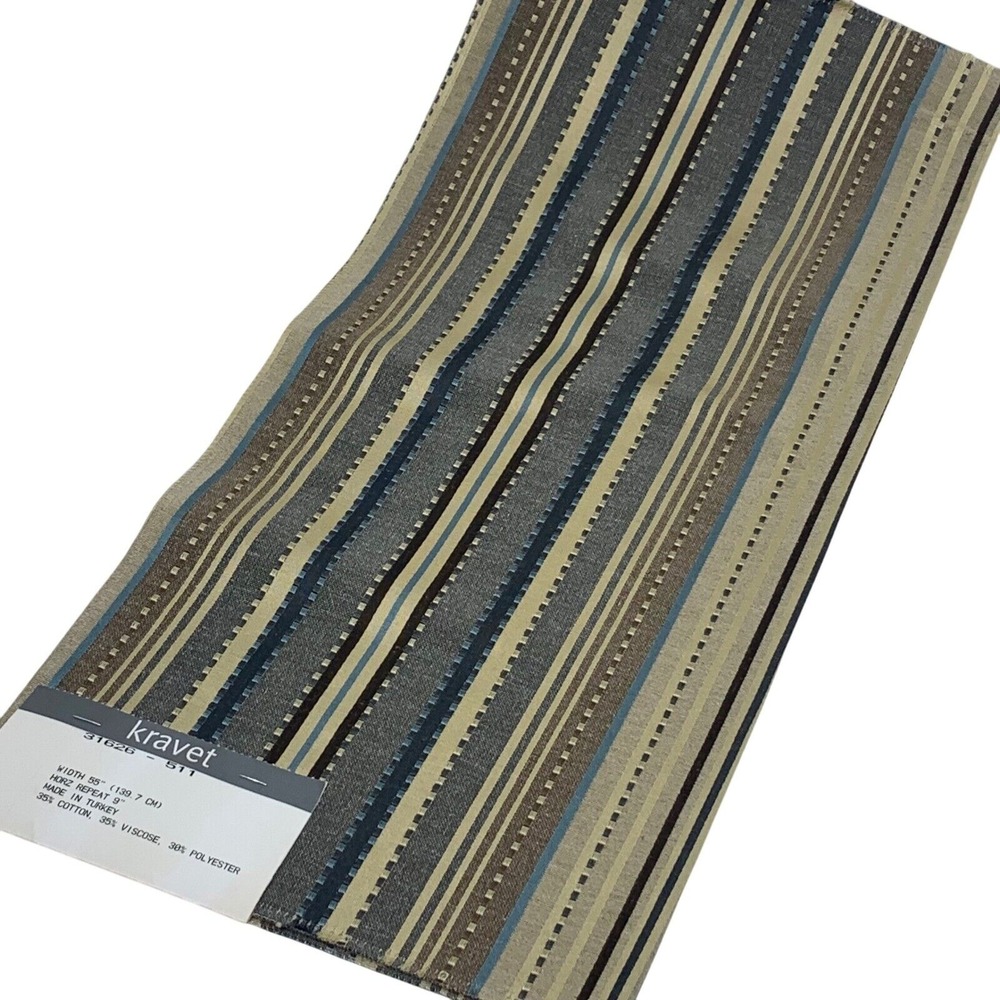 Kravet Blue Brown Beige Striped Textured Cotton Blend Fabric Sample Remnant